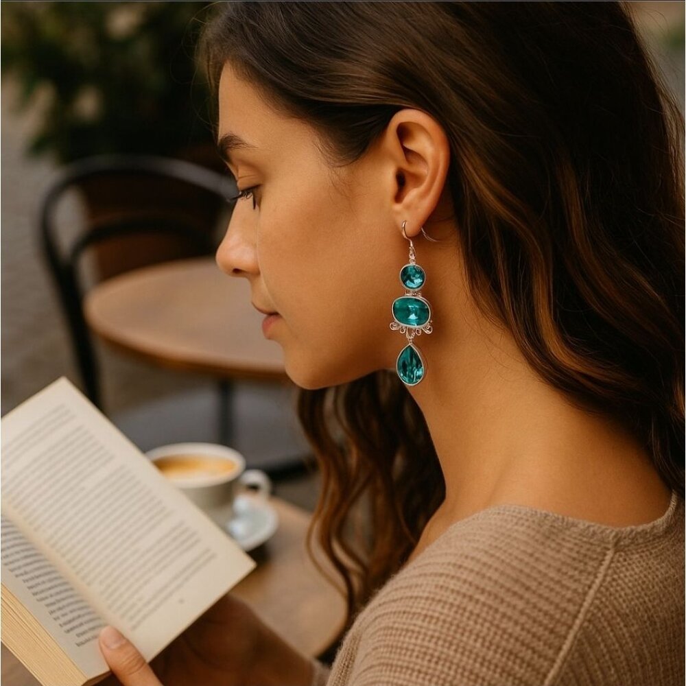 Artisan ✦ Paraiba Tourmaline 3‑Stone Drop Earrings ✦ Sterling Silver Handmade - Picture 2 of 11
